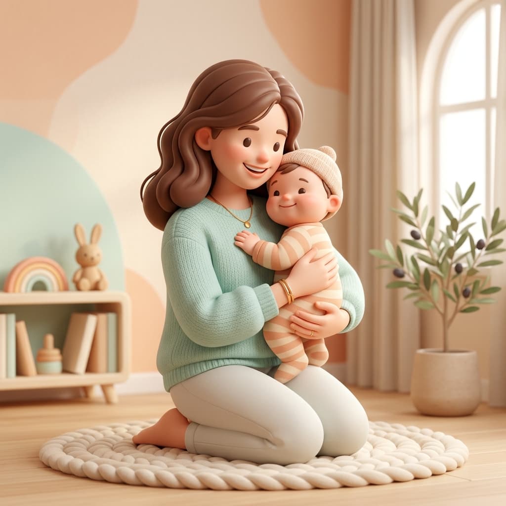 Bebeğine sarılan mutlu bir anne illüstrasyonu